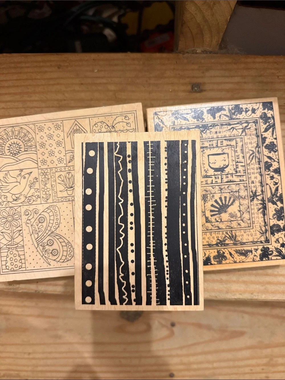 3 large background wood mounted Rubber Stamps